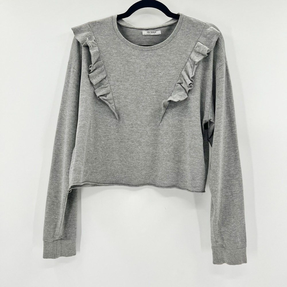 Zara Trafaluc Womens Medium Grey Ruffle Front Cropped Sweatshirt Raw Hem SS2017